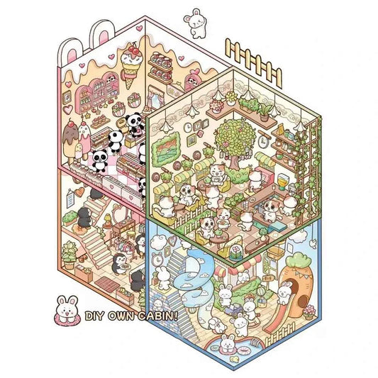 Dream Home 3D Isometric Room Stickers Scene - 4 Theme Sets: Cat Coffee Shop | Penguin Bedroom | Bunny Playground | Panda Dessert Shop