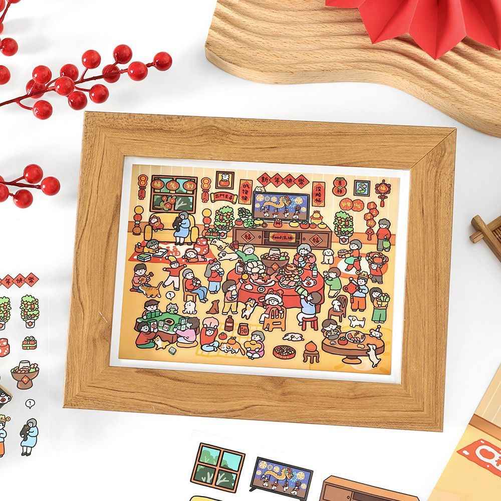 Chinese New Year Stickers Scene – 2 Themes: New Year's Eve Dinner | Temple Fair