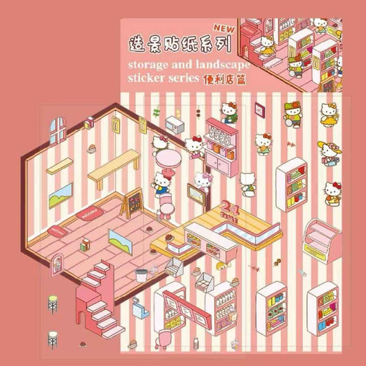 Cute Sanrio – 3D Isometric Room Stickers Scene 4 Themes: Hello Kitty Convenience Store | Kuromi Café | My Melody Pink Cottage | Frozen Princess Cottage