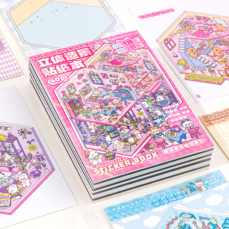Cute Animals 3D Mini Scene Stickers Scrapbook – 20 Unique Themes: Pink Book (10 Themes) | Purple Book (10 Themes)
