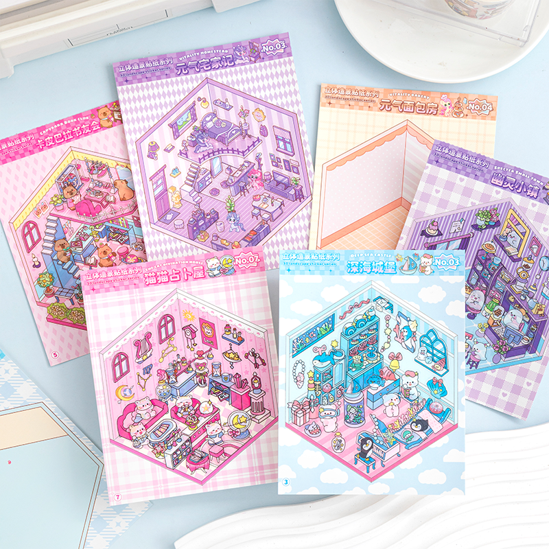 Cute Animals 3D Mini Scene Stickers Scrapbook – 20 Unique Themes: Pink Book (10 Themes) | Purple Book (10 Themes)