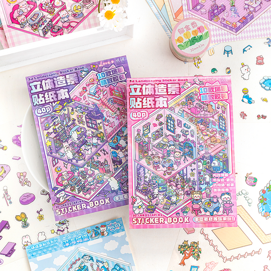 Cute Animals 3D Mini Scene Stickers Scrapbook – 20 Unique Themes: Pink Book (10 Themes) | Purple Book (10 Themes)
