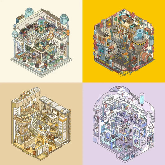 Echoes of Wasteland Series – 3D DIY Miniature Sticker Scenes - 4 Theme Sets: Sunset Pharmacy | Mechanical Ark | Power Station | Sundry Farm