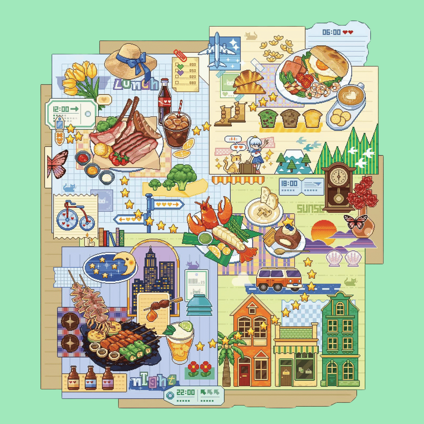 Original Plus Pixel Style 5.0 – 3D Miniature Scene Stickers (Plus Size) – 2 Theme Sets: Maze Adventure | Food Quest