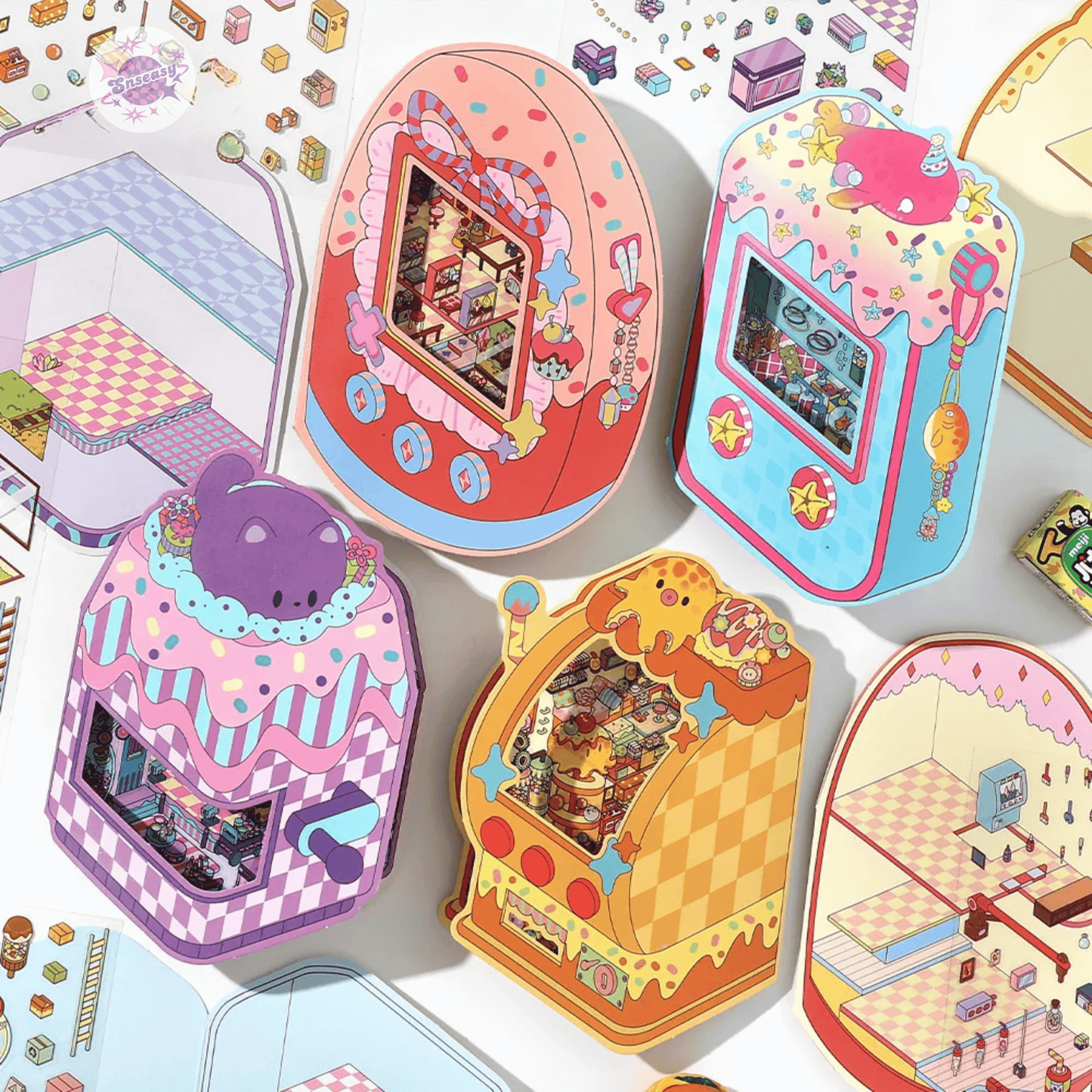 Fantasy Arcade – Flip-Open Design 3D Sticker Set – 4 Theme Scenes: Undersea Lab | Candy Game Center | Starry Music Hall | Crystal Gem Collector's Room