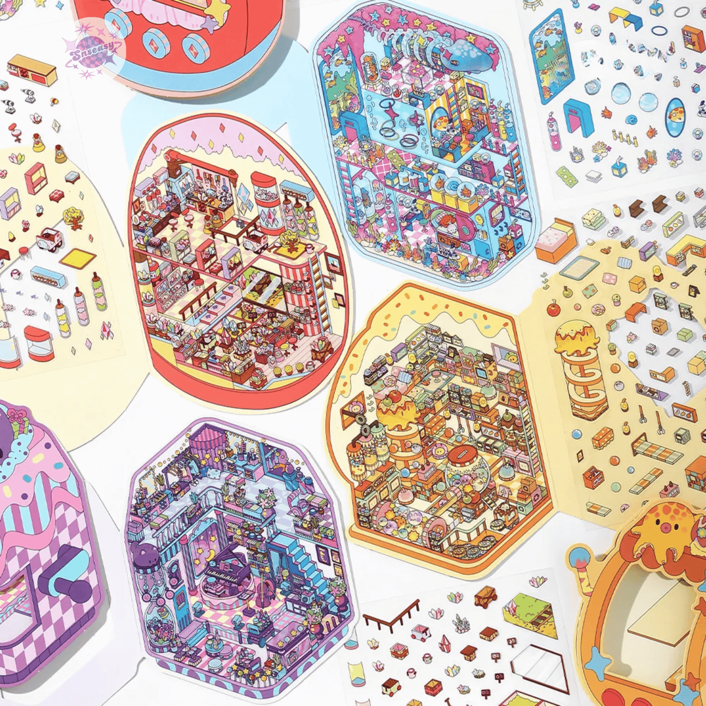 Fantasy Arcade – Flip-Open Design 3D Sticker Set – 4 Theme Scenes: Undersea Lab | Candy Game Center | Starry Music Hall | Crystal Gem Collector's Room