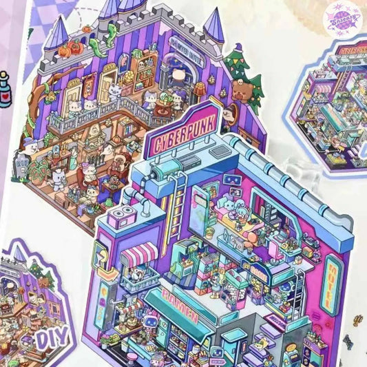 Plus Halloween Hotel & Neon Punk – 3D Miniature Sticker Scenes - 2 Theme Sets: Halloween Hotel | Neon Punk