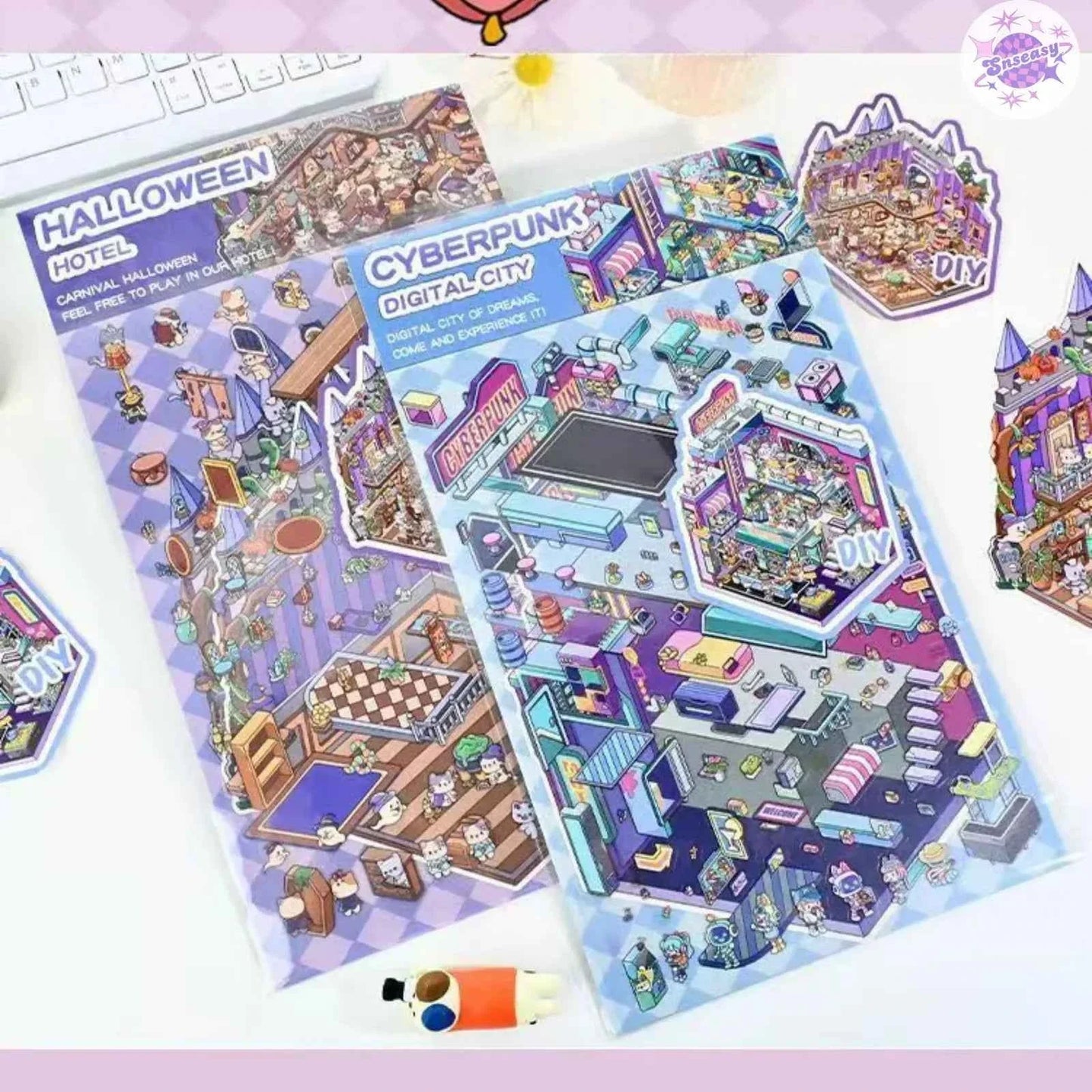 Plus Halloween Hotel & Neon Punk – 3D Miniature Sticker Scenes - 2 Theme Sets: Halloween Hotel | Neon Punk