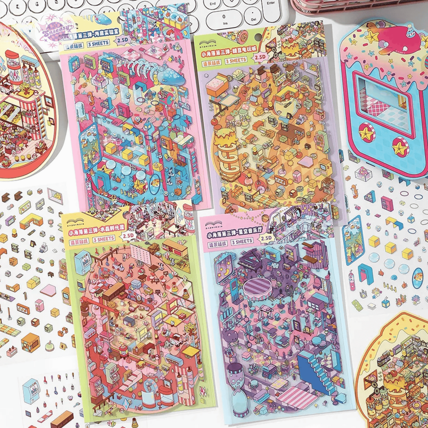 Fantasy Arcade – Flip-Open Design 3D Sticker Set – 4 Theme Scenes: Undersea Lab | Candy Game Center | Starry Music Hall | Crystal Gem Collector's Room