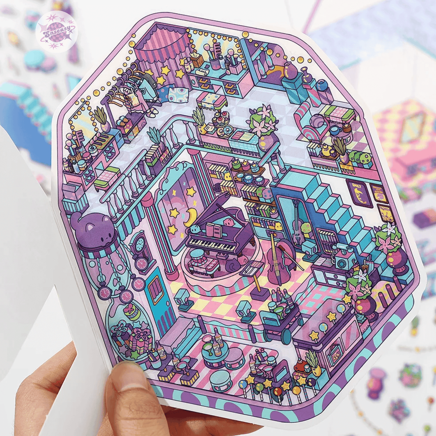 Fantasy Arcade – Flip-Open Design 3D Sticker Set – 4 Theme Scenes: Undersea Lab | Candy Game Center | Starry Music Hall | Crystal Gem Collector's Room