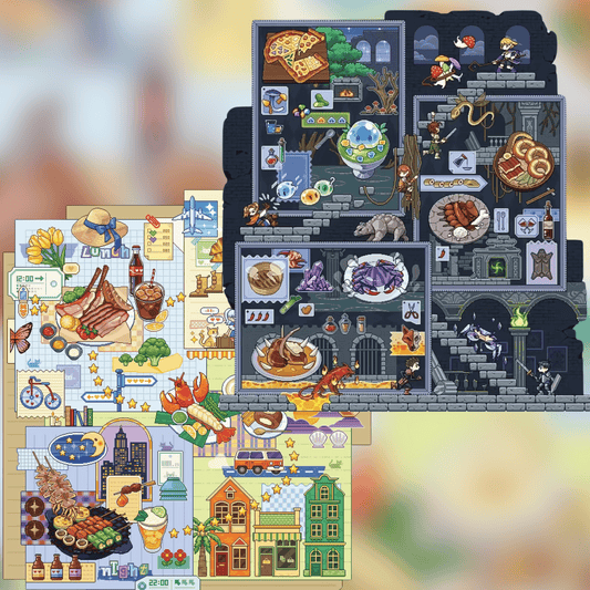 Original Plus Pixel Style 5.0 – 3D Miniature Scene Stickers (Plus Size) – 2 Theme Sets: Maze Adventure | Food Quest