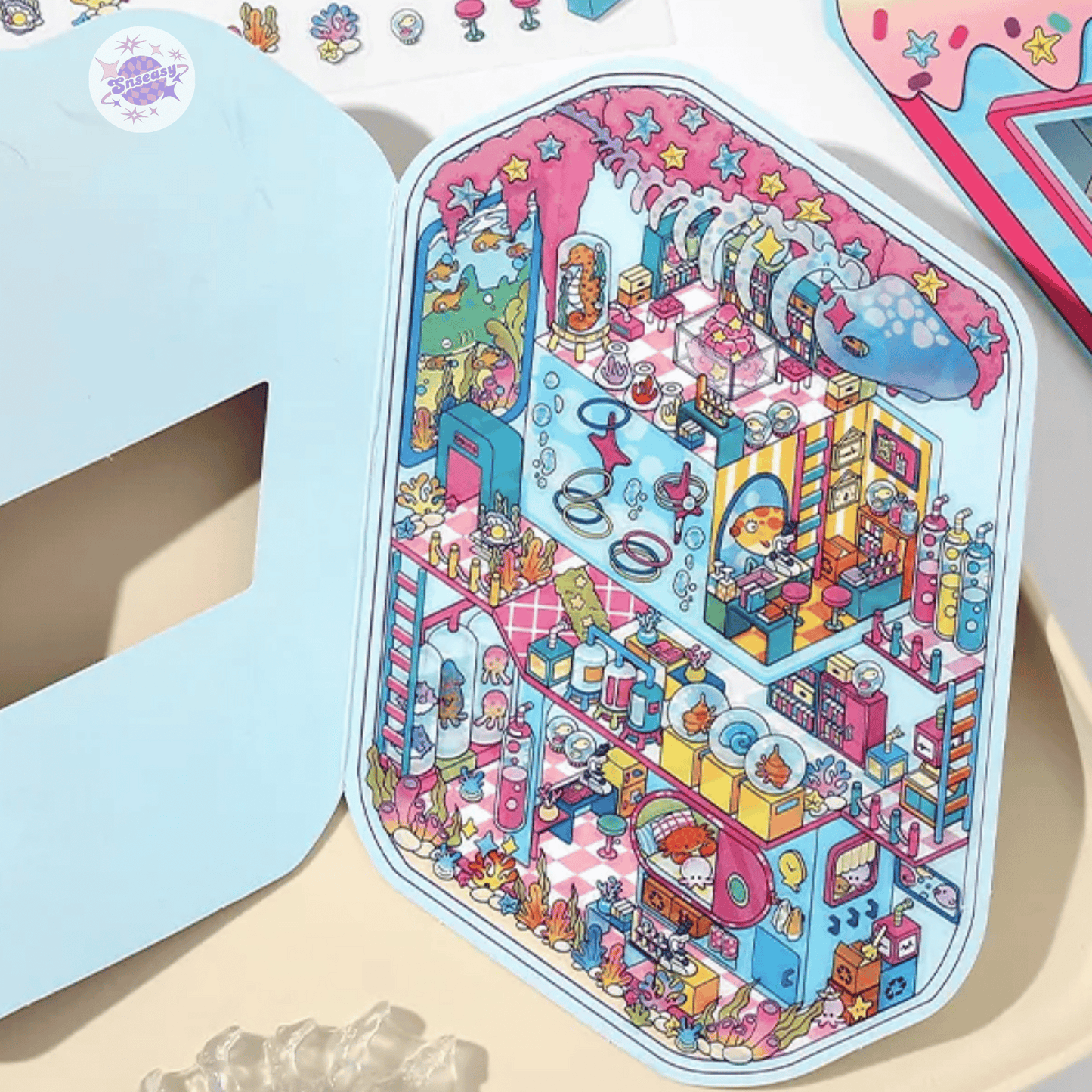 Fantasy Arcade – Flip-Open Design 3D Sticker Set – 4 Theme Scenes: Undersea Lab | Candy Game Center | Starry Music Hall | Crystal Gem Collector's Room
