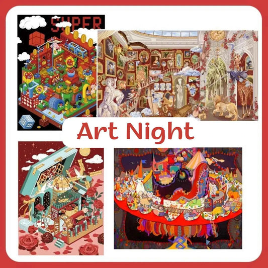 Art Night – Vintage Style Plus Size 3D Sticker Scenes – 4 Theme Sets: Super Adventure Island | The Rose Prince | Kingdom on the Hat | Mysterious Art Museum