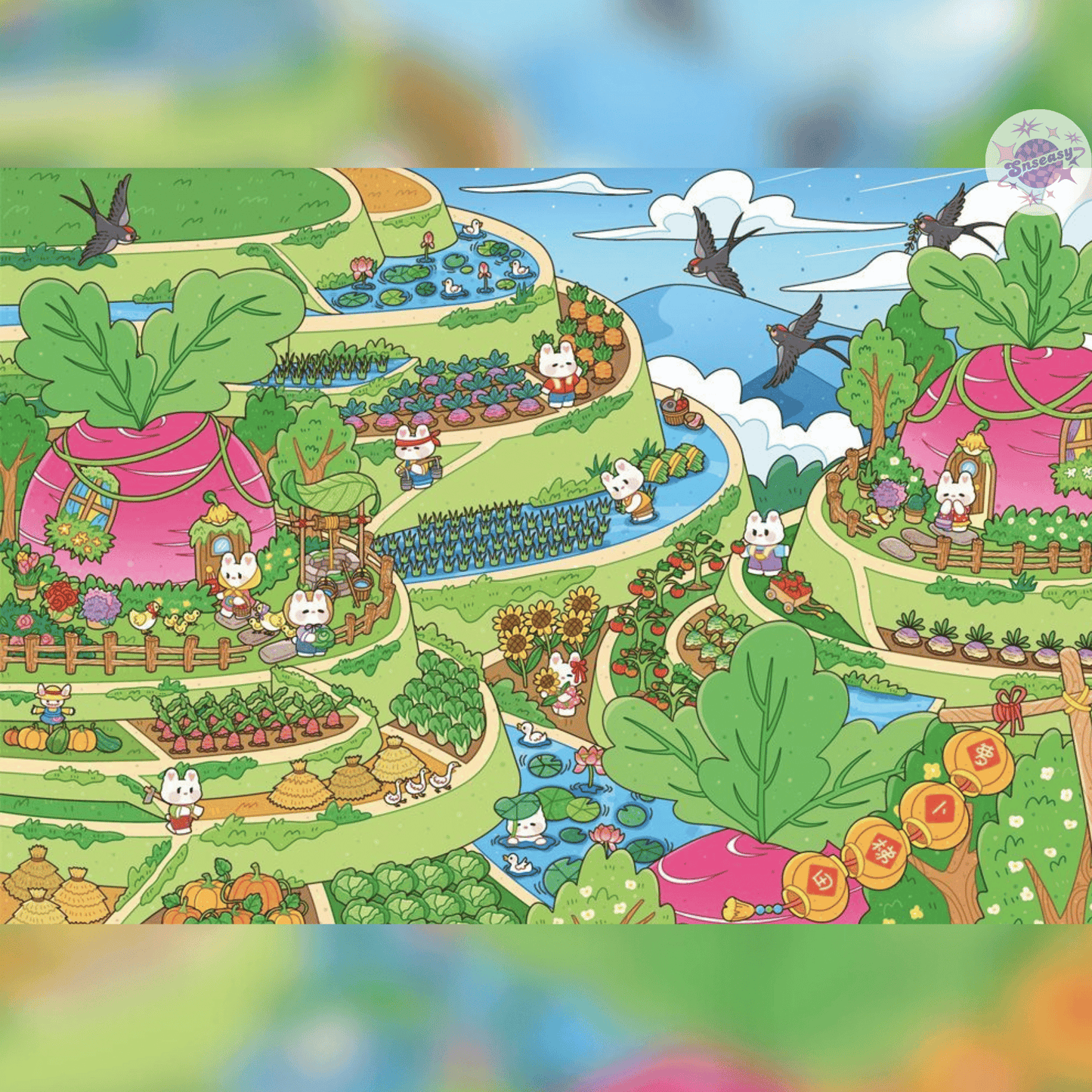 Cute Bunny Fruit Series – Plus Size 3D Sticker Scenes - 4 Theme Sets: Pepper Town | Carrot Terraces | Eggplant Swamp | Potato Island