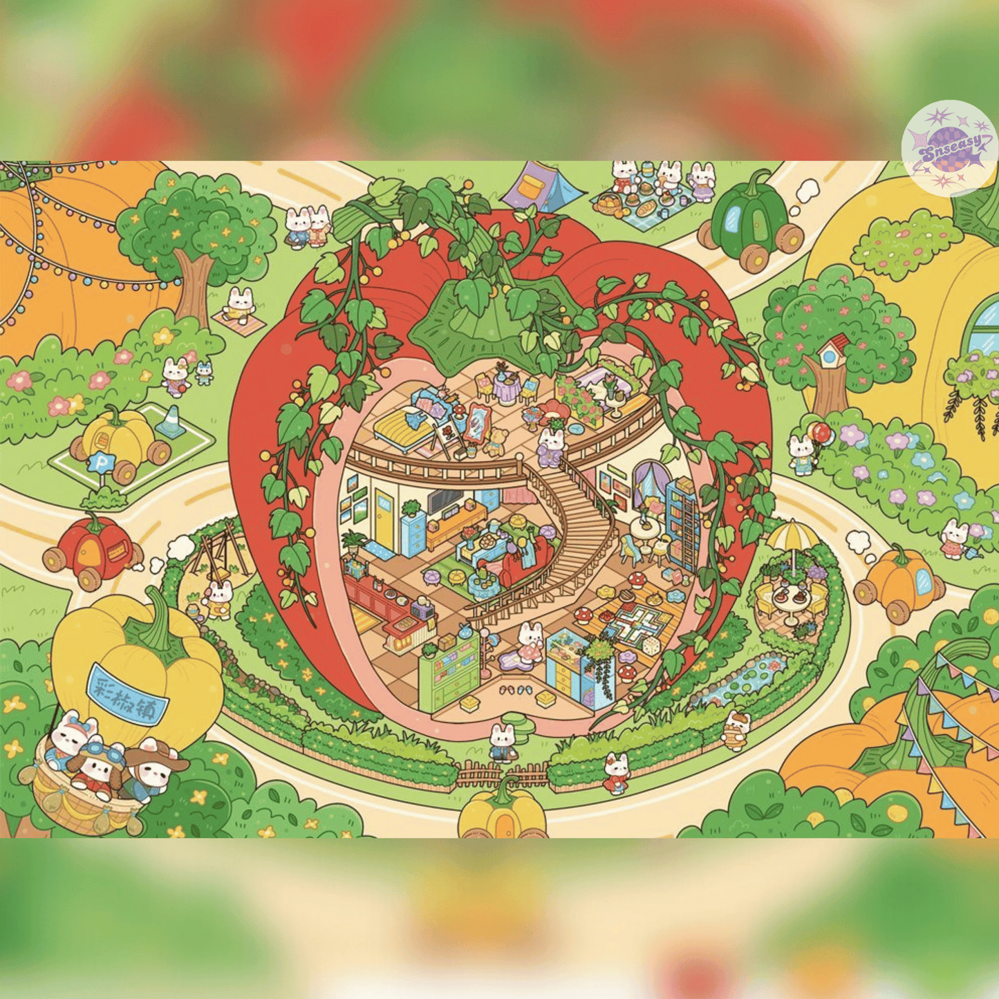 Cute Bunny Fruit Series – Plus Size 3D Sticker Scenes - 4 Theme Sets: Pepper Town | Carrot Terraces | Eggplant Swamp | Potato Island