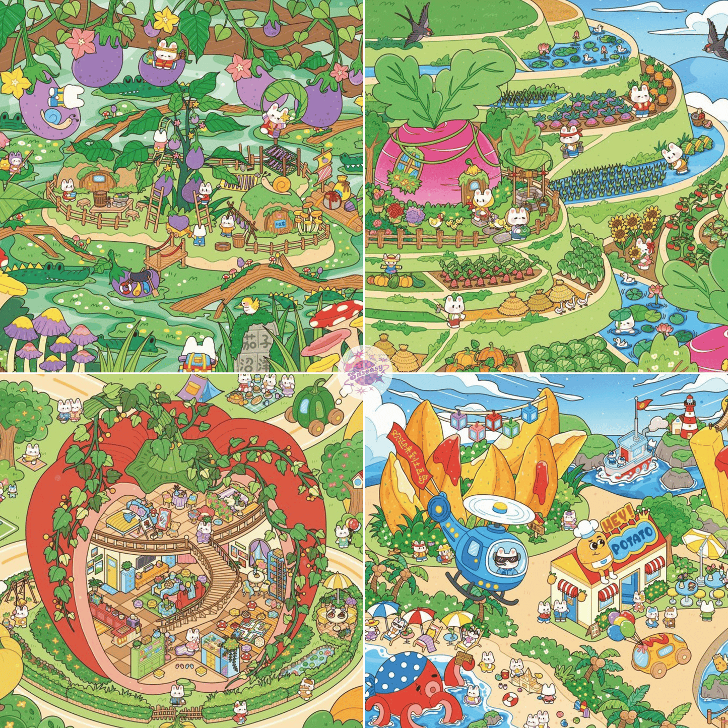 Cute Bunny Fruit Series – Plus Size 3D Sticker Scenes - 4 Theme Sets: Pepper Town | Carrot Terraces | Eggplant Swamp | Potato Island