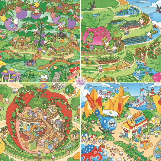 Cute Bunny Fruit Series – Plus Size 3D Sticker Scenes - 4 Theme Sets: Pepper Town | Carrot Terraces | Eggplant Swamp | Potato Island