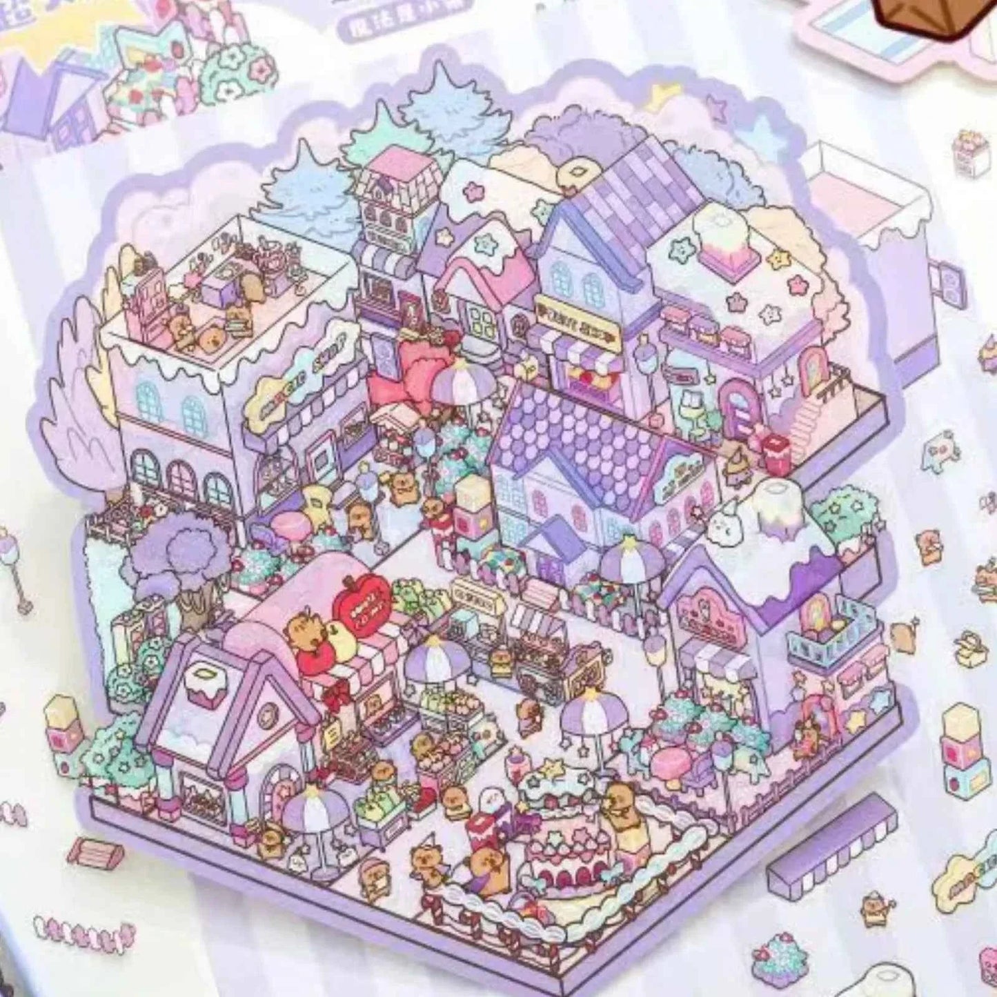 Plus Cute Capybara – 3D Miniature Sticker Scenes - 3 Theme Sets: Chocolate Factory | Circus | Magic Town