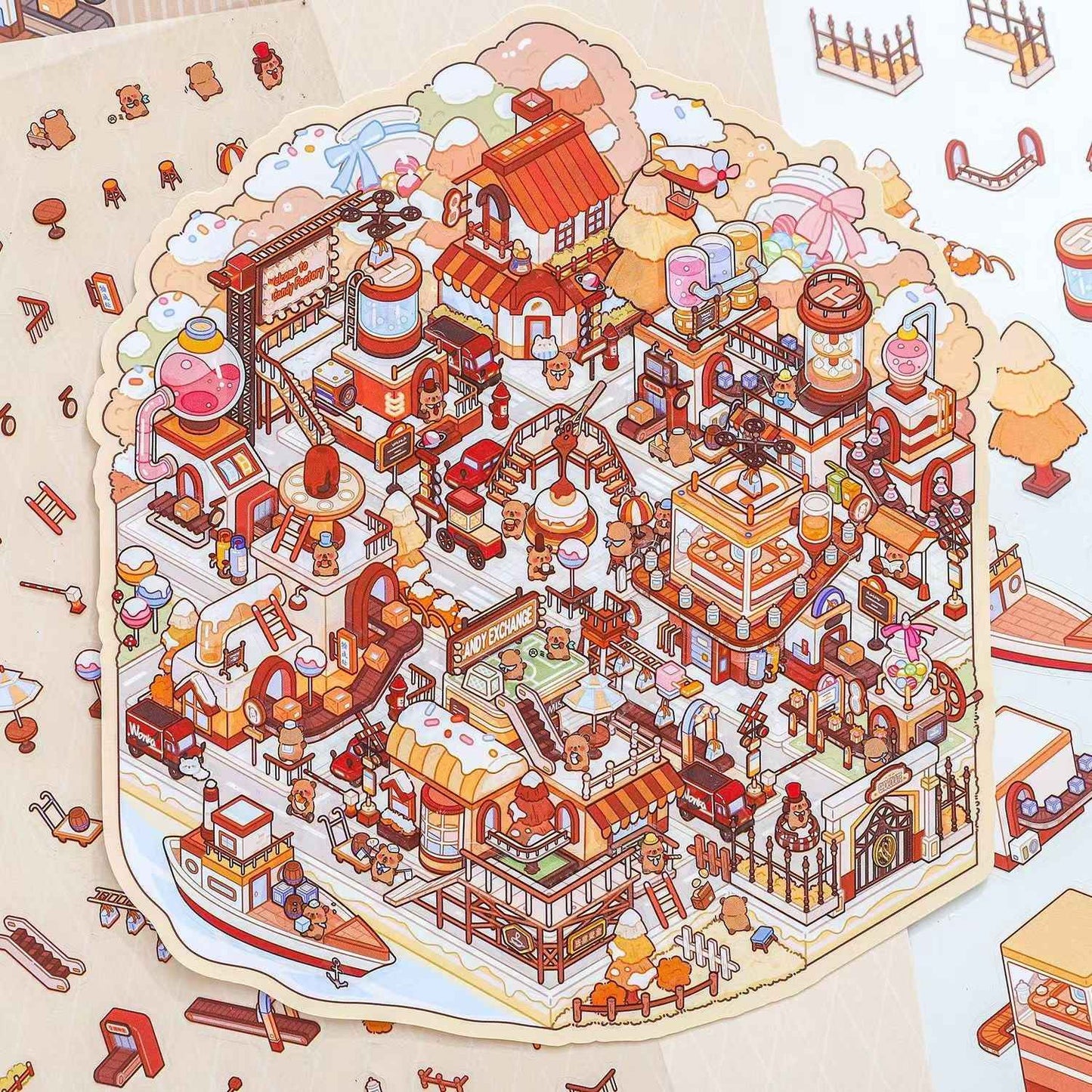 Plus Cute Capybara – 3D Miniature Sticker Scenes - 3 Theme Sets: Chocolate Factory | Circus | Magic Town