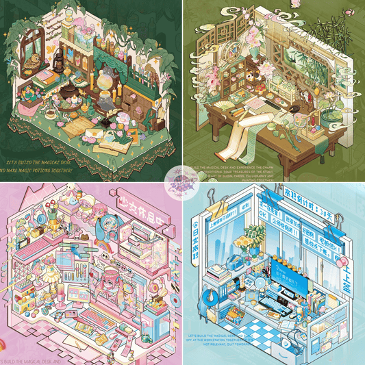 Corner Desk 2.0 – 3D Sticker Scenes - 4 Theme Sets: Magic Potion Room | Chinese Vintage Desk | Cute Girl's PC Desk | Office Workstation