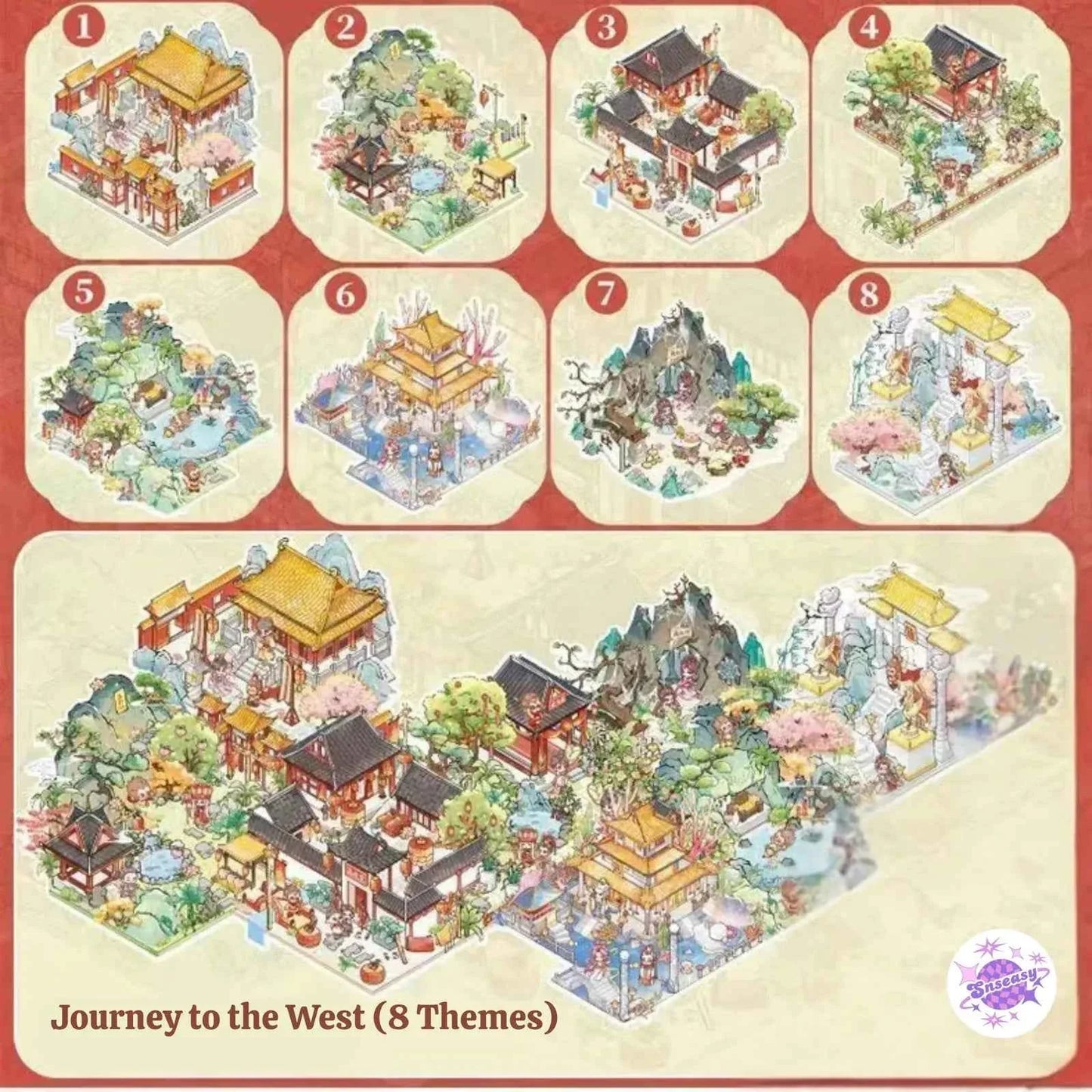 Mini Chinese Mythology Sticker Book – 3D Miniature Sticker Scenes - 2 Theme Sets: Journey to the West (8 Themes) | Investiture of the Gods (8 Themes)