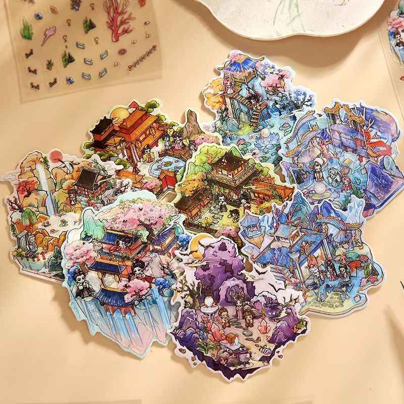 Mini Chinese Mythology Sticker Book – 3D Miniature Sticker Scenes - 2 Theme Sets: Journey to the West (8 Themes) | Investiture of the Gods (8 Themes)