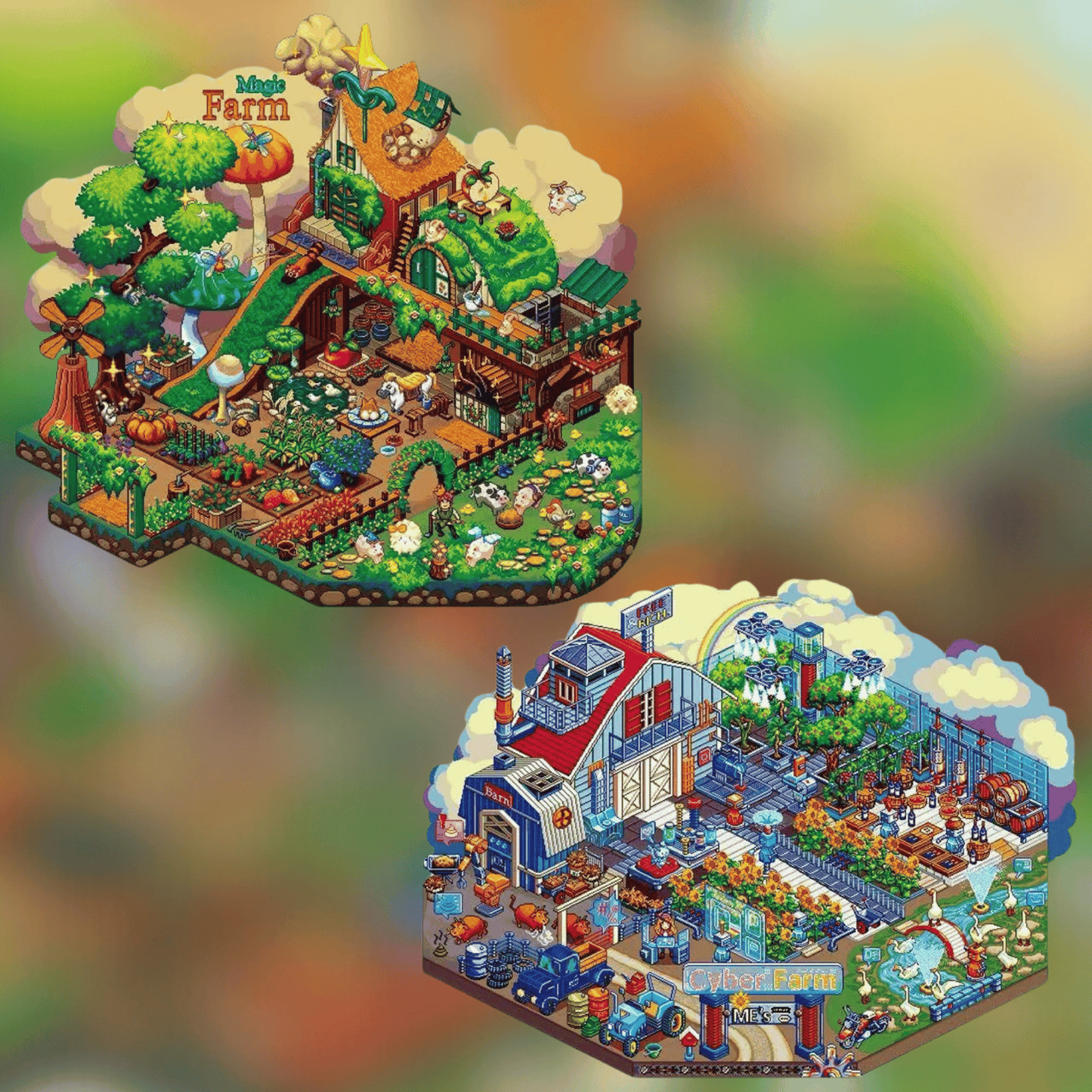 Original Plus Pixel Style 7.0 3D Scene Sticker Plus Size 2 Theme Sets: Magic Farm | Cyber Farm