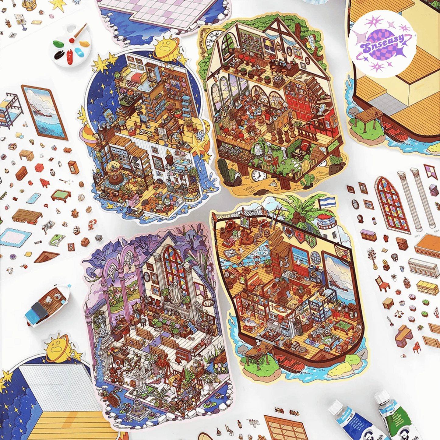 Adventure Corner – 3D Sticker Scenes - 4 Theme Sets: Cathedral | Art Studio | Ship | Tavern
