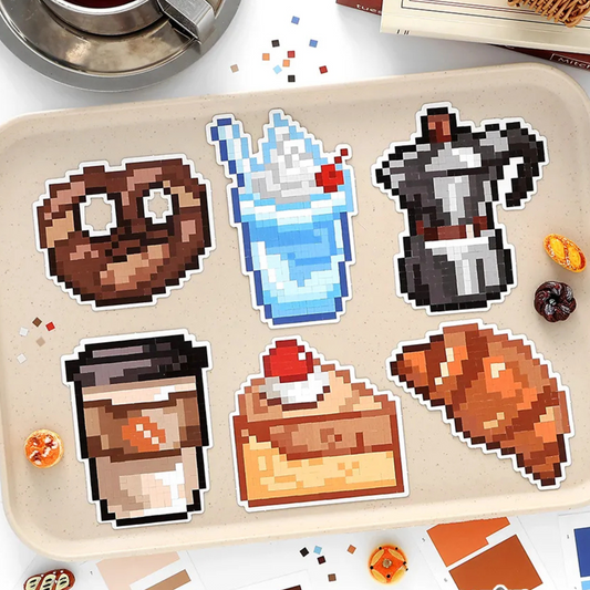 Pixel Beads Food Series – Mini Size 3D Sticker Scenes - 6 Theme Sets: Coffee | Moka Pot | Ice Cream | Pretzel | Croissant | Cherry Cake