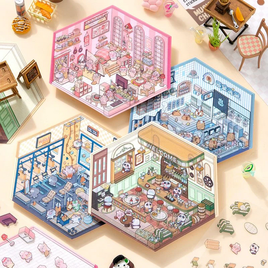 3D Scene Stickers - 8 Themes - Supermarket | Bookstore | Coffee Shop | Restaurant | Warm Home | Hot Spring | Gymnasium | Music Bar