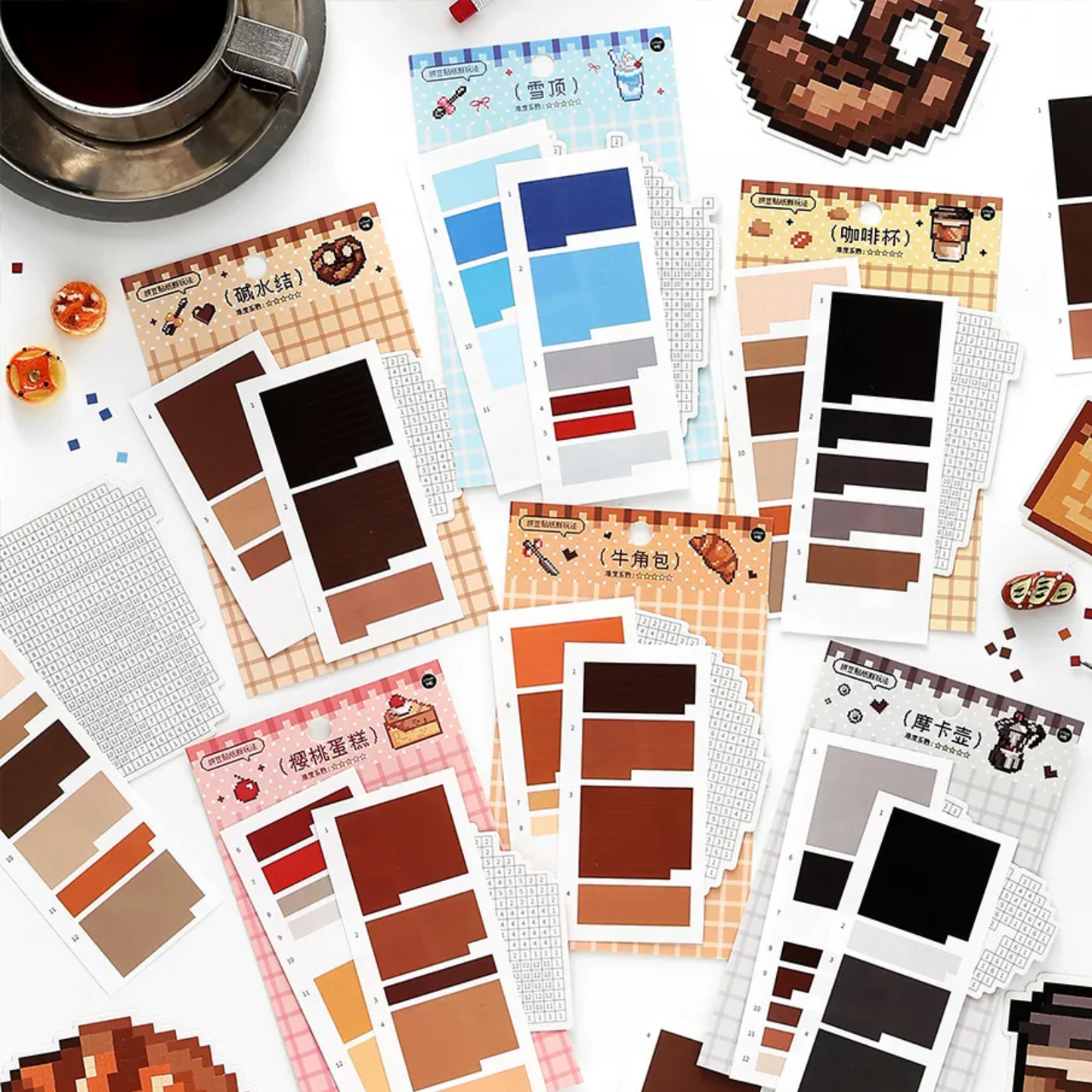 Pixel Beads Food Series – Mini Size 3D Sticker Scenes - 6 Theme Sets: Coffee | Moka Pot | Ice Cream | Pretzel | Croissant | Cherry Cake