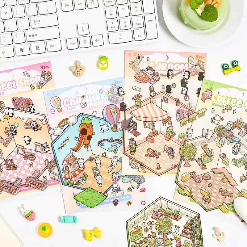 Dream Home 3D Isometric Room Stickers Scene - 4 Theme Sets: Cat Coffee Shop | Penguin Bedroom | Bunny Playground | Panda Dessert Shop