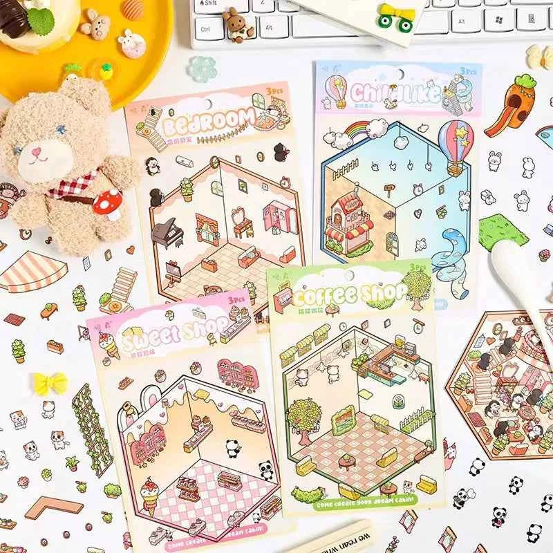 Dream Home 3D Isometric Room Stickers Scene - 4 Theme Sets: Cat Coffee Shop | Penguin Bedroom | Bunny Playground | Panda Dessert Shop