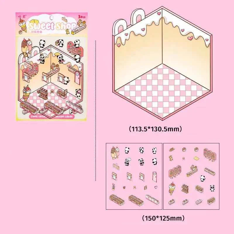 Dream Home 3D Isometric Room Stickers Scene - 4 Theme Sets: Cat Coffee Shop | Penguin Bedroom | Bunny Playground | Panda Dessert Shop