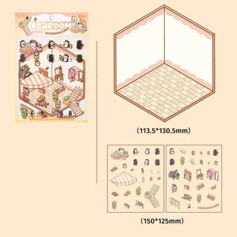 Dream Home 3D Isometric Room Stickers Scene - 4 Theme Sets: Cat Coffee Shop | Penguin Bedroom | Bunny Playground | Panda Dessert Shop