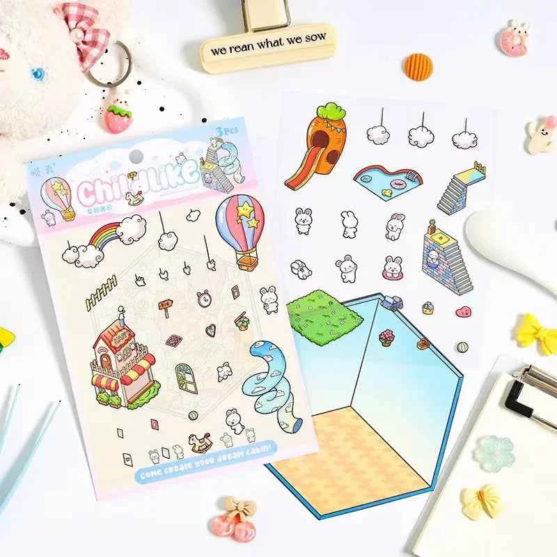 Dream Home 3D Isometric Room Stickers Scene - 4 Theme Sets: Cat Coffee Shop | Penguin Bedroom | Bunny Playground | Panda Dessert Shop