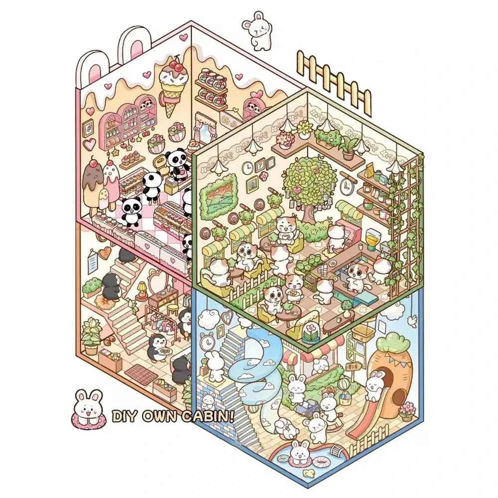 Dream Home 3D Isometric Room Stickers Scene - 4 Theme Sets: Cat Coffee Shop | Penguin Bedroom | Bunny Playground | Panda Dessert Shop