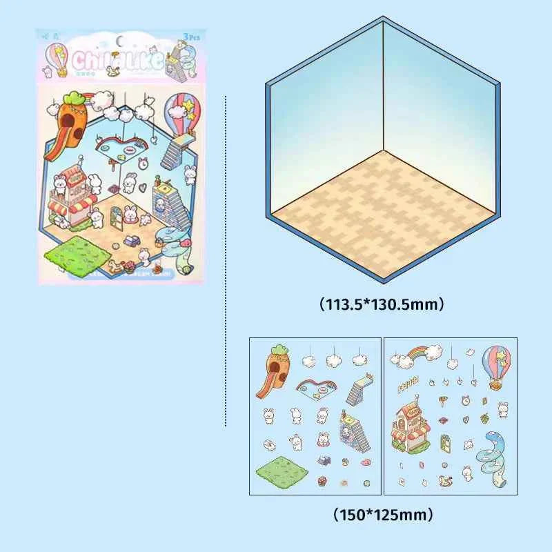Dream Home 3D Isometric Room Stickers Scene - 4 Theme Sets: Cat Coffee Shop | Penguin Bedroom | Bunny Playground | Panda Dessert Shop