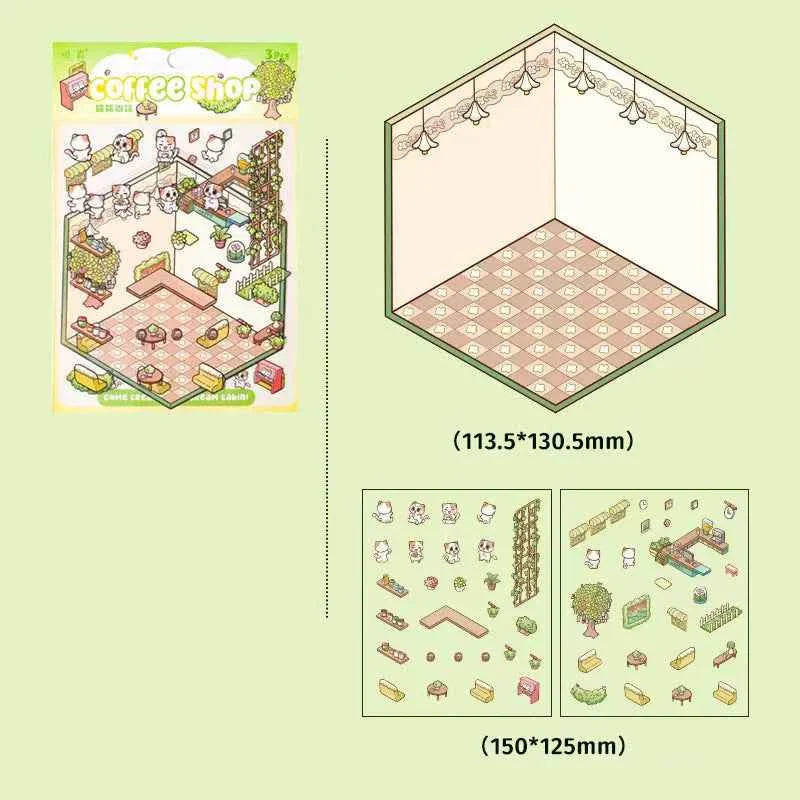Dream Home 3D Isometric Room Stickers Scene - 4 Theme Sets: Cat Coffee Shop | Penguin Bedroom | Bunny Playground | Panda Dessert Shop