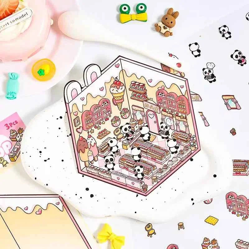 Dream Home 3D Isometric Room Stickers Scene - 4 Theme Sets: Cat Coffee Shop | Penguin Bedroom | Bunny Playground | Panda Dessert Shop
