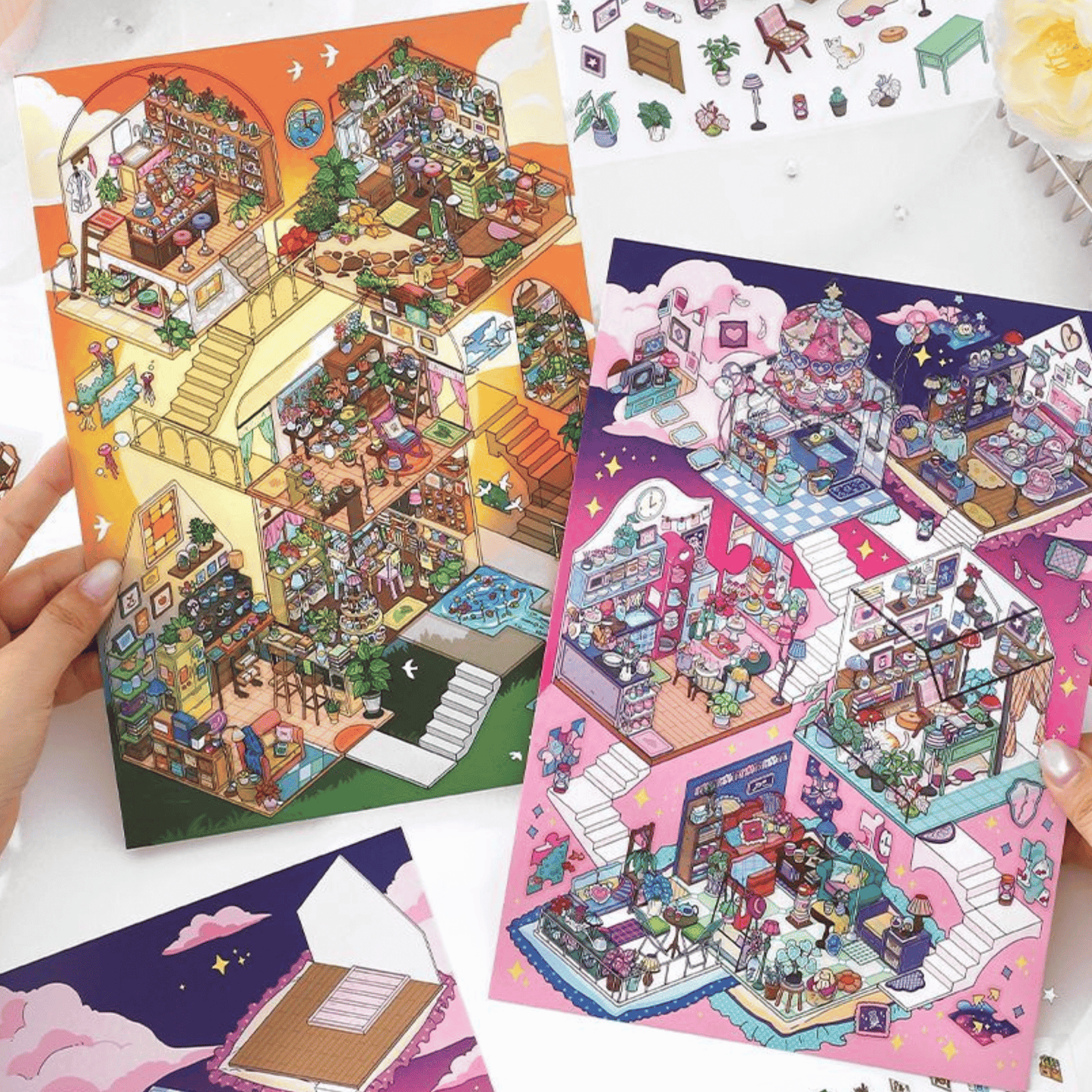 Plus My Cottage 6.0 – 3D Miniature Scene Stickers – 2 Theme Sets: Starry Night | Sunset Glow