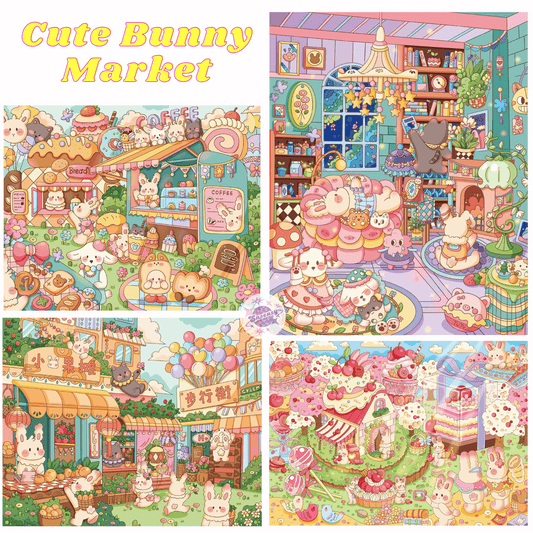 Cute Bunny Market – Plus Size 3D Miniature Scene Stickers – 4 Theme Sets: Cake House | Warm Home | Shopping Street | Bunny Market