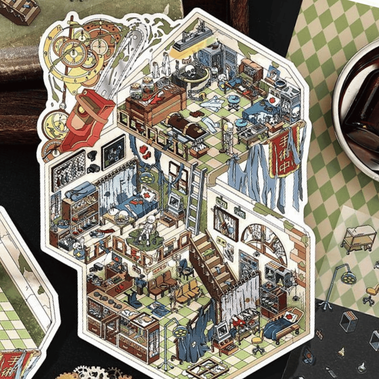 Horror Game Series – Plus Size 3D Miniature Scene Stickers – 4 Theme Sets: Puppet Theater | Horror Hospital | Bio-Apocalypse Camp | Skeleton Shop