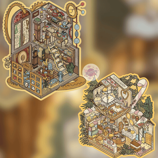 Vintage Fantasy – Plus Size 3D Miniature Scene Stickers – 2 Theme Sets: Time Shop | Elf Wood Cabin