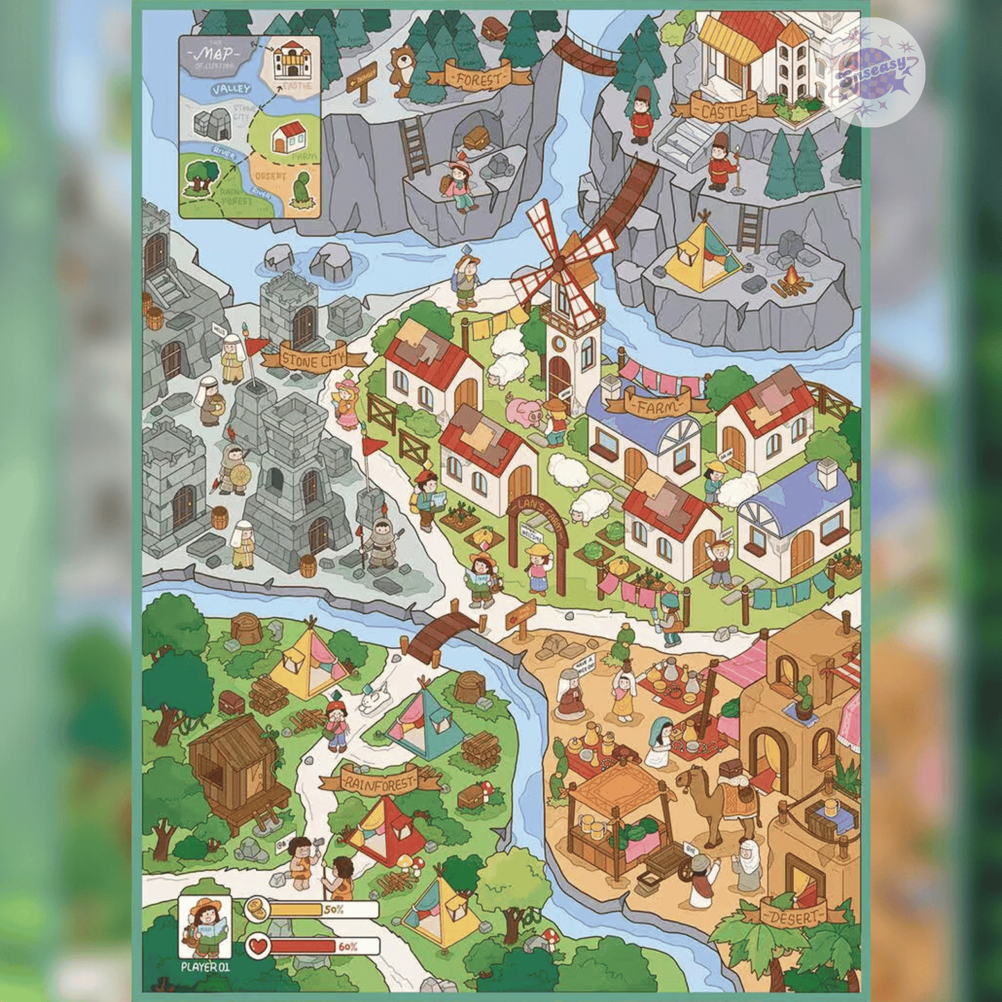 Game Simulation – 3D Miniature Scene Stickers – 2 Theme Sets: Farm Simulation | Adventurer’s Town