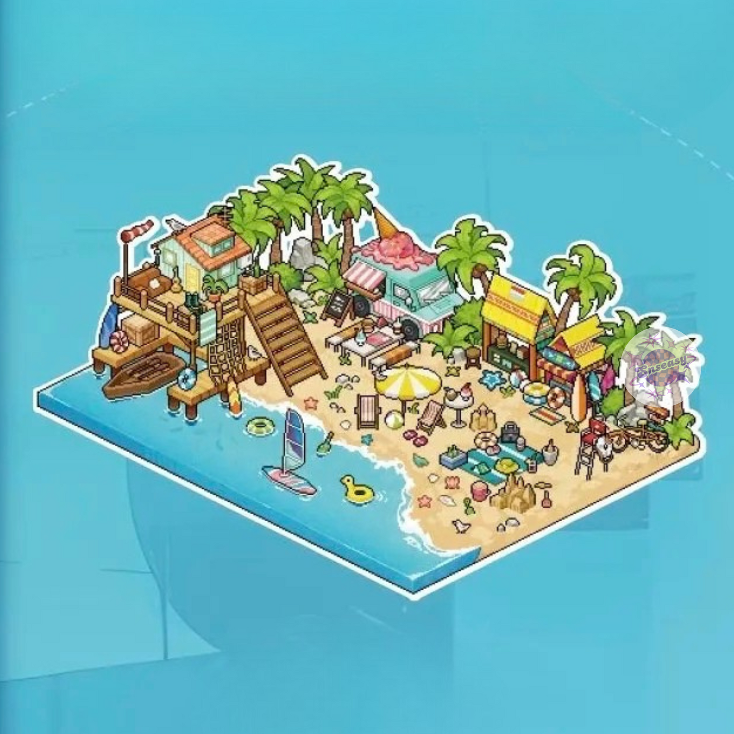 Pixel Island – 3D Miniature Scene Stickers – 4 Theme Sets: Pyramid Legend | Dino Fossil Ruins | Holiday Beach | Skull Haunted House