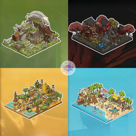 Pixel Island – 3D Miniature Scene Stickers – 4 Theme Sets: Pyramid Legend | Dino Fossil Ruins | Holiday Beach | Skull Haunted House