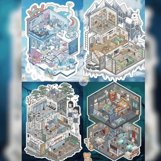 End of the World – 3D Miniature Scene Stickers – Plus Size – 4 Theme Sets: Frozen Shelter | Deep Sea Refuge | Abandoned Hospital | Haunted School