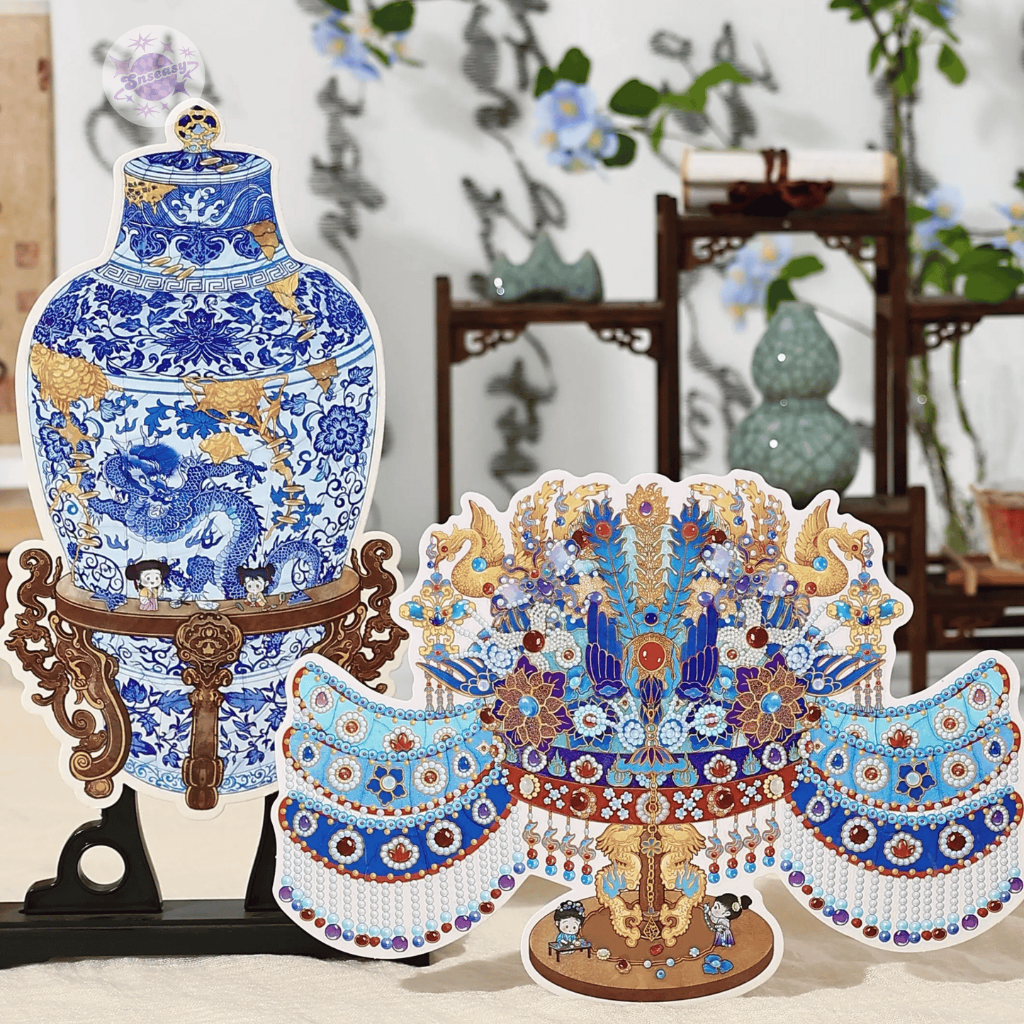 Plus Antique Restoration 2.0 – 3D Miniature Scene Sticker  – 2 Theme Sets: Blue-and-White Porcelain Vase | Phoenix Crown