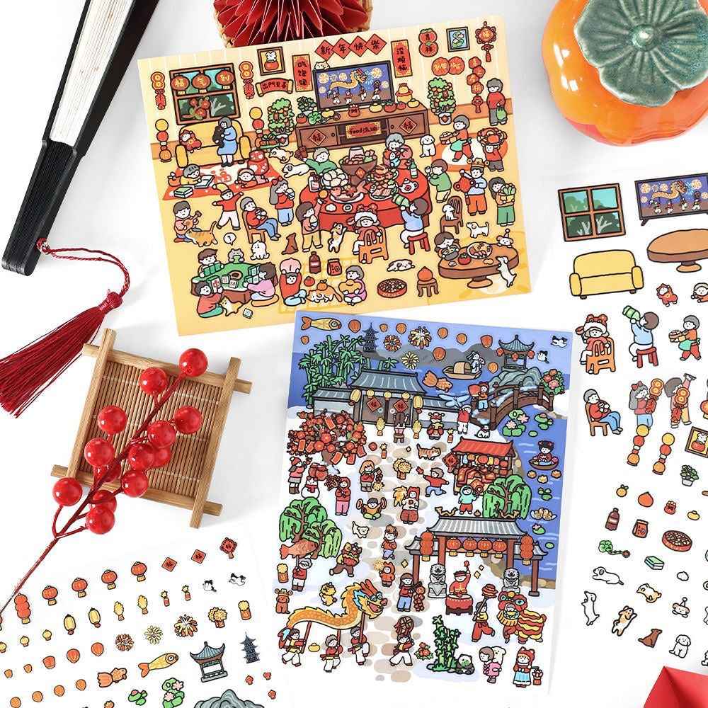 Chinese New Year Stickers Scene – 2 Themes: New Year's Eve Dinner | Temple Fair